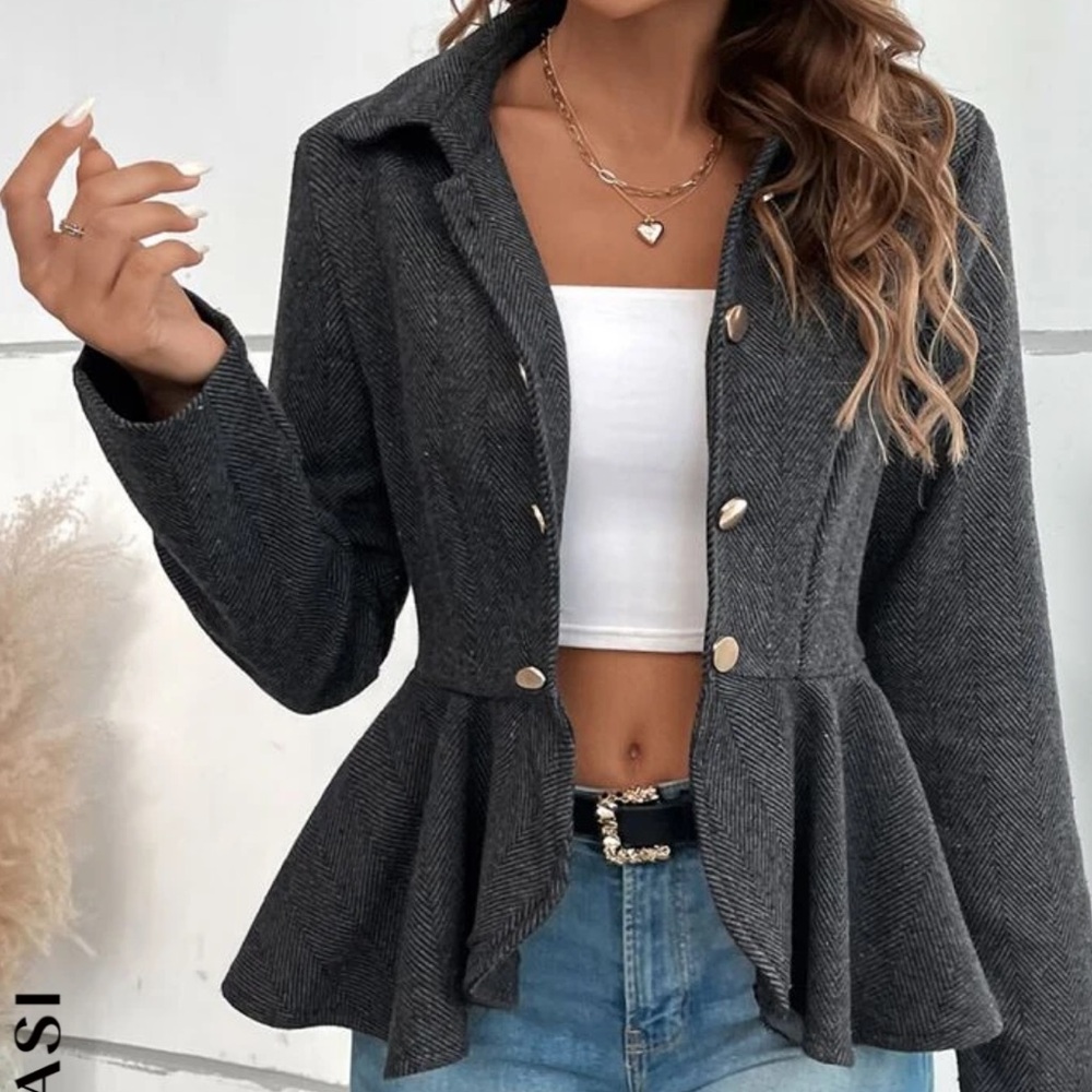 Shein Herringbone Peplum Hem Coat Size M